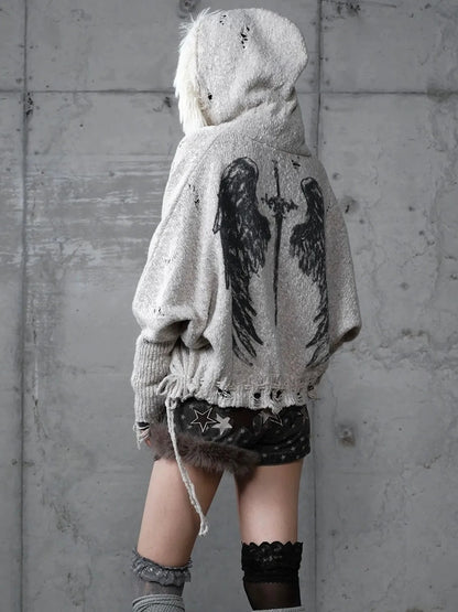 NO ROMANCE Oversized Wool Blend Knit Fringe Open Front Cardigan Batwing Long Sleeve Sweater