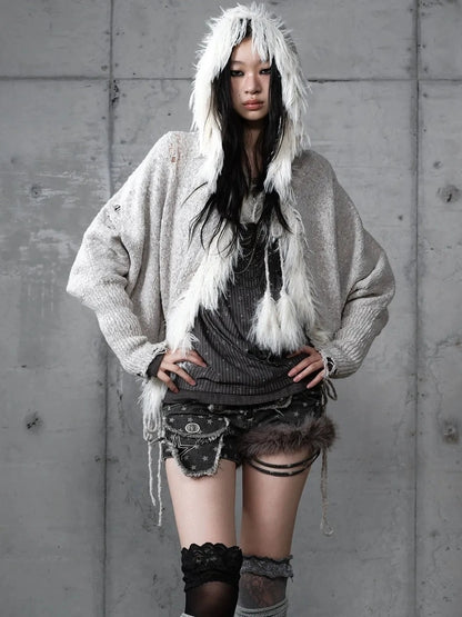 NO ROMANCE Oversized Wool Blend Knit Fringe Open Front Cardigan Batwing Long Sleeve Sweater