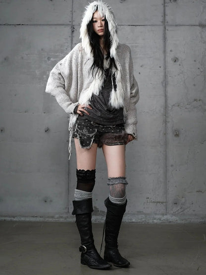 NO ROMANCE Oversized Wool Blend Knit Fringe Open Front Cardigan Batwing Long Sleeve Sweater