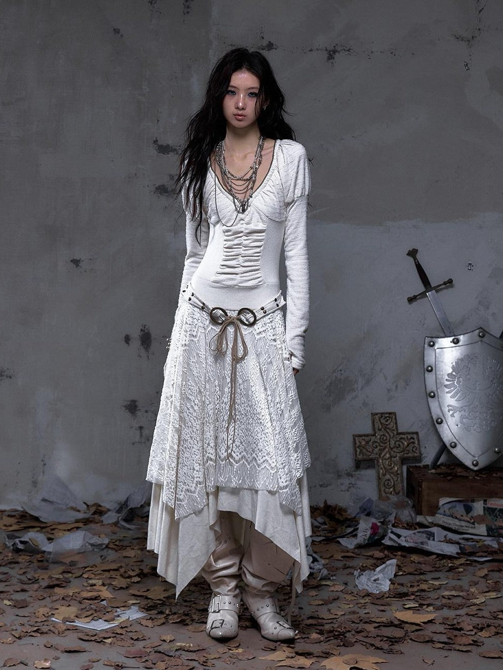 NO ROMANCE Palace Puff Sleeve V-neck Lace Knit Women&