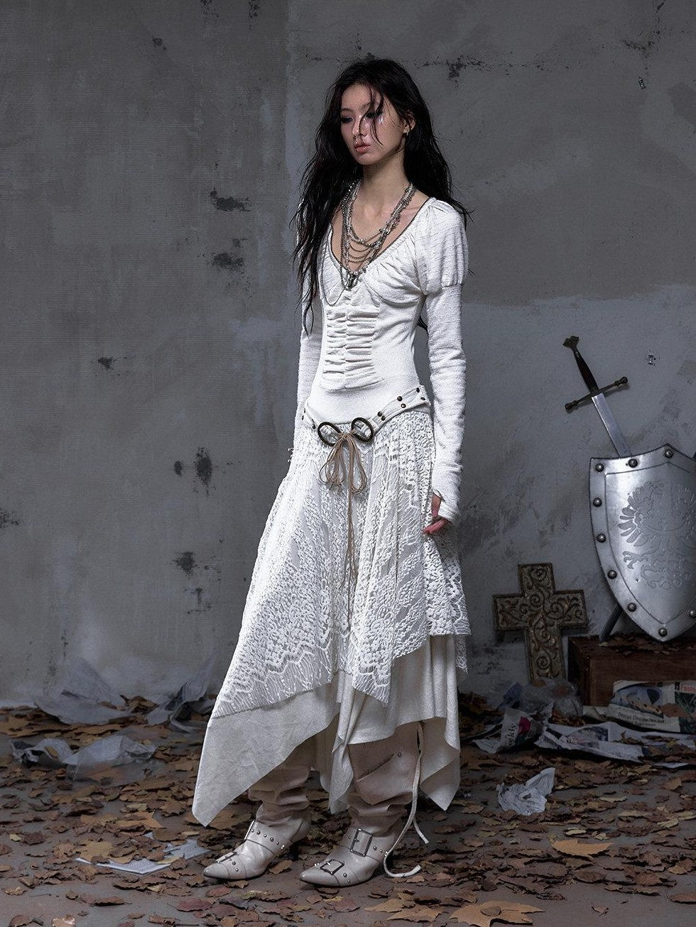 NO ROMANCE Palace Puff Sleeve V-neck Lace Knit Women&