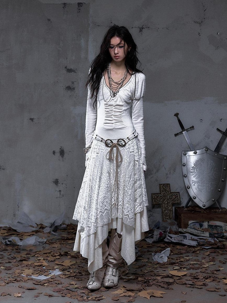 NO ROMANCE Palace Puff Sleeve V-neck Lace Knit Women&