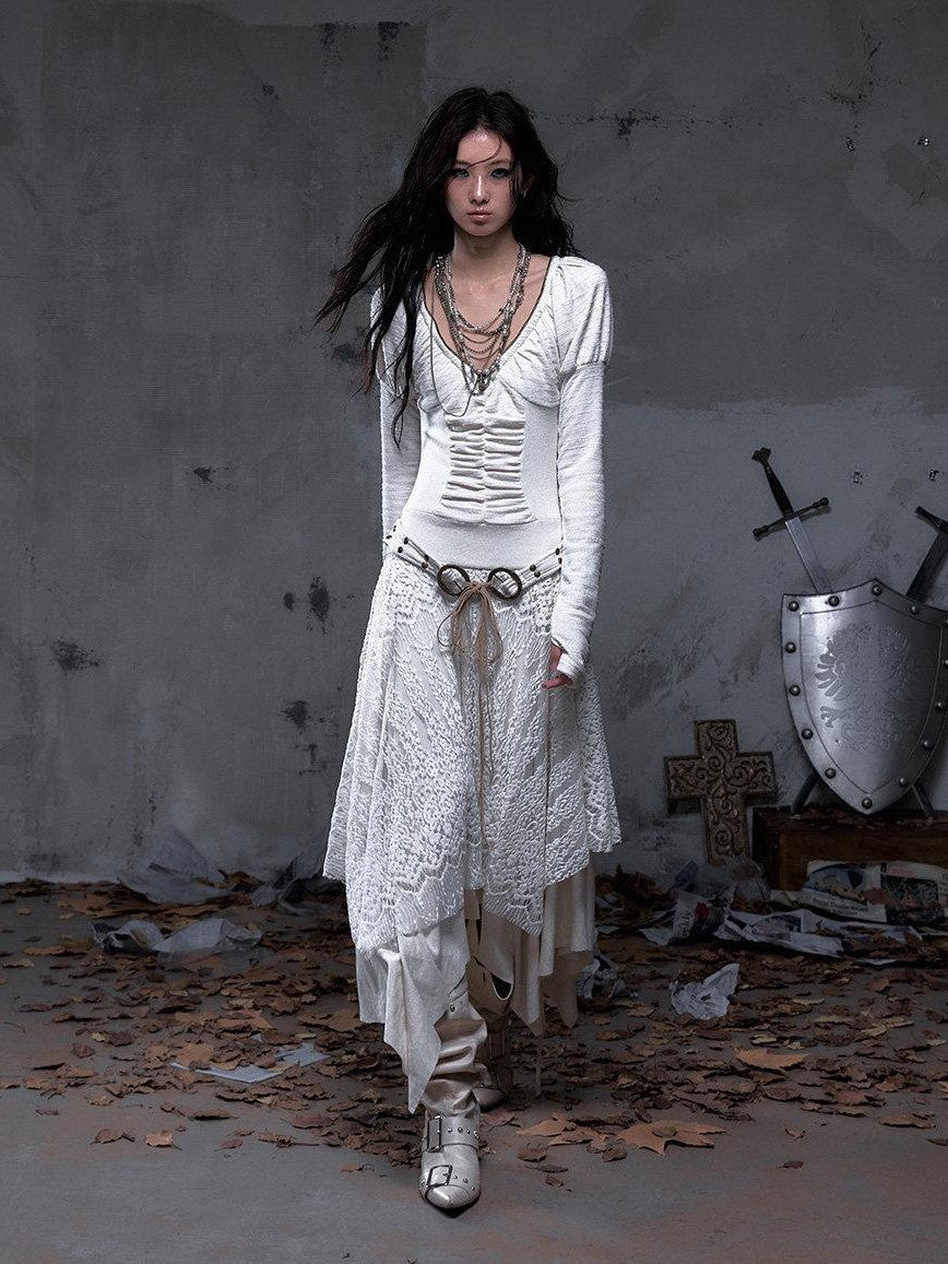 NO ROMANCE Palace Puff Sleeve V-neck Lace Knit Women&