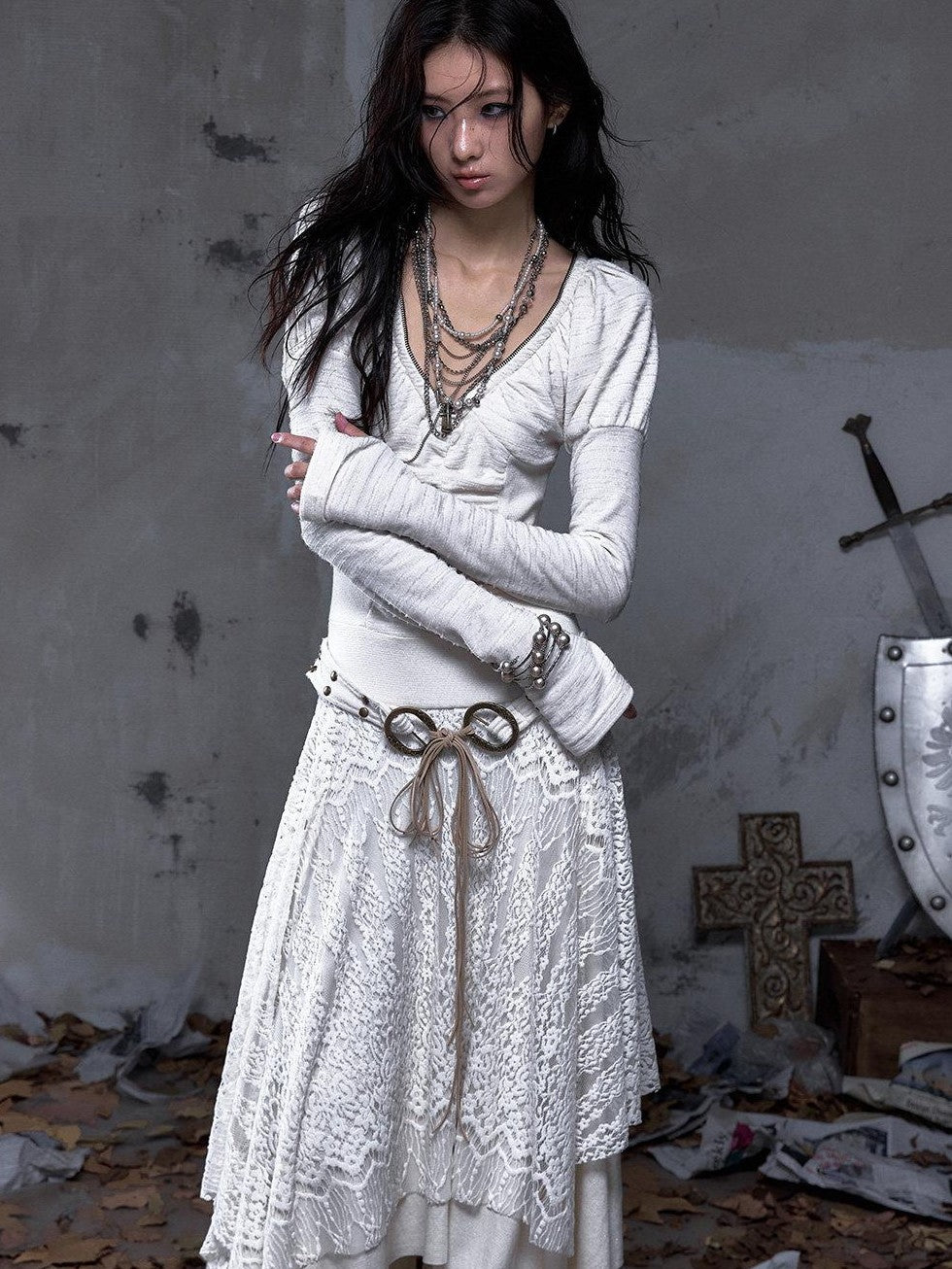 NO ROMANCE Palace Puff Sleeve V-neck Lace Knit Women&