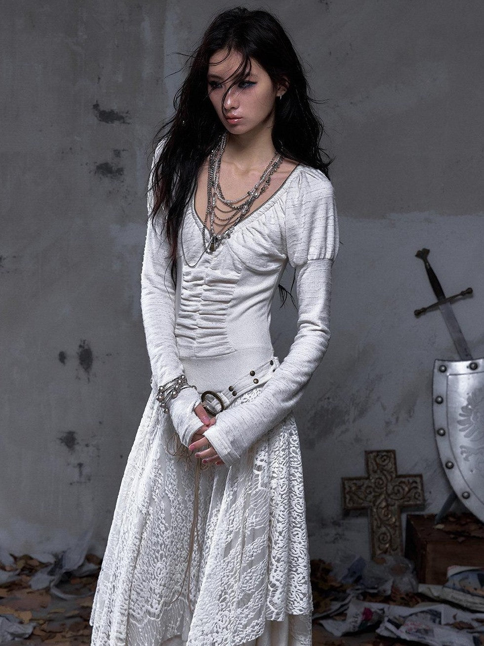 NO ROMANCE Palace Puff Sleeve V-neck Lace Knit Women&