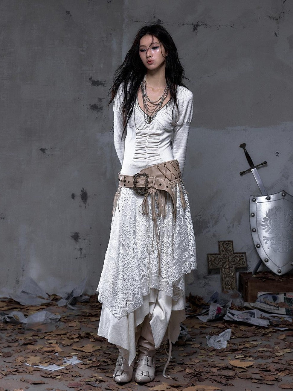 NO ROMANCE Palace Puff Sleeve V-neck Lace Knit Women&