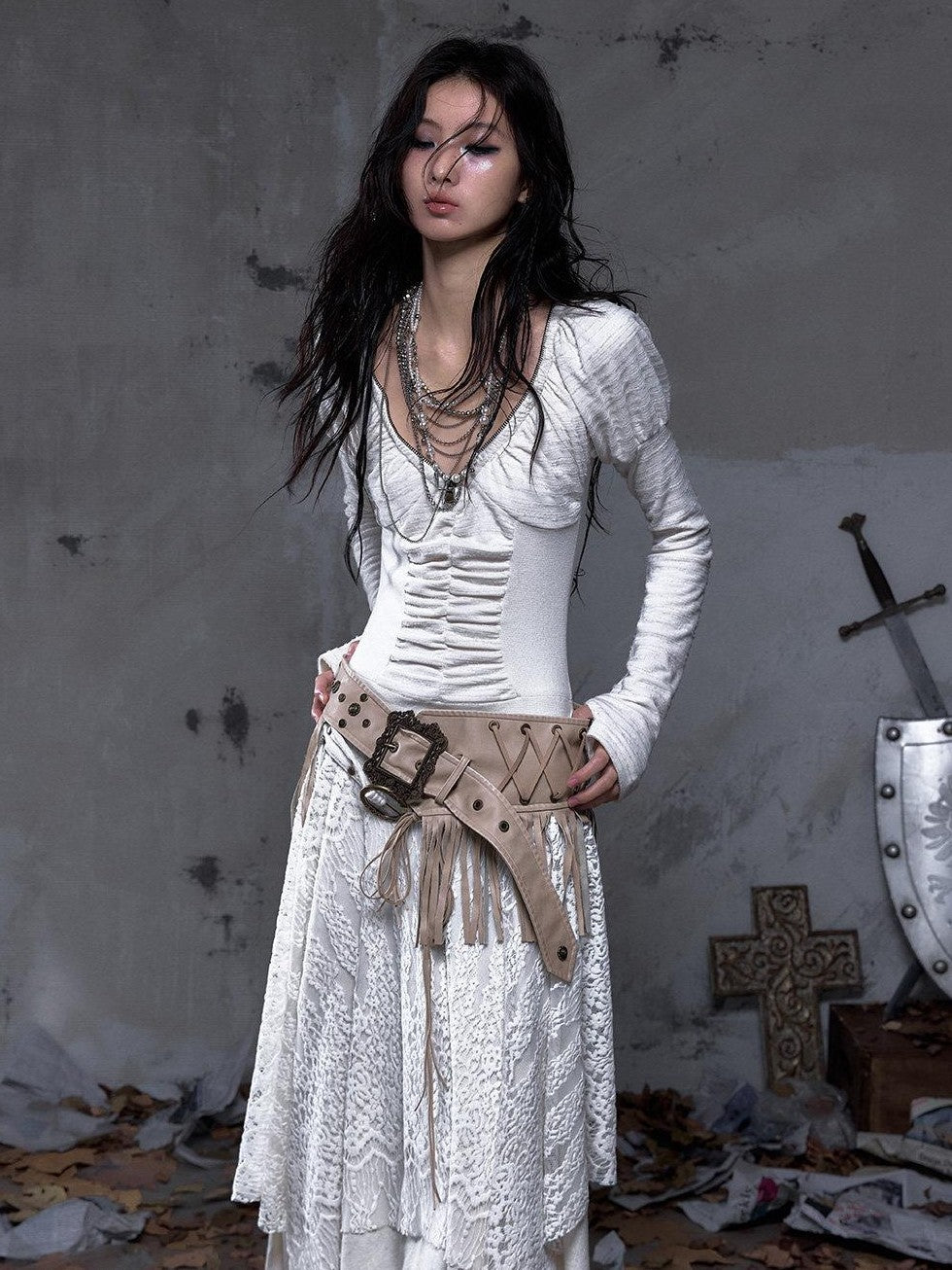 NO ROMANCE Palace Puff Sleeve V-neck Lace Knit Women&