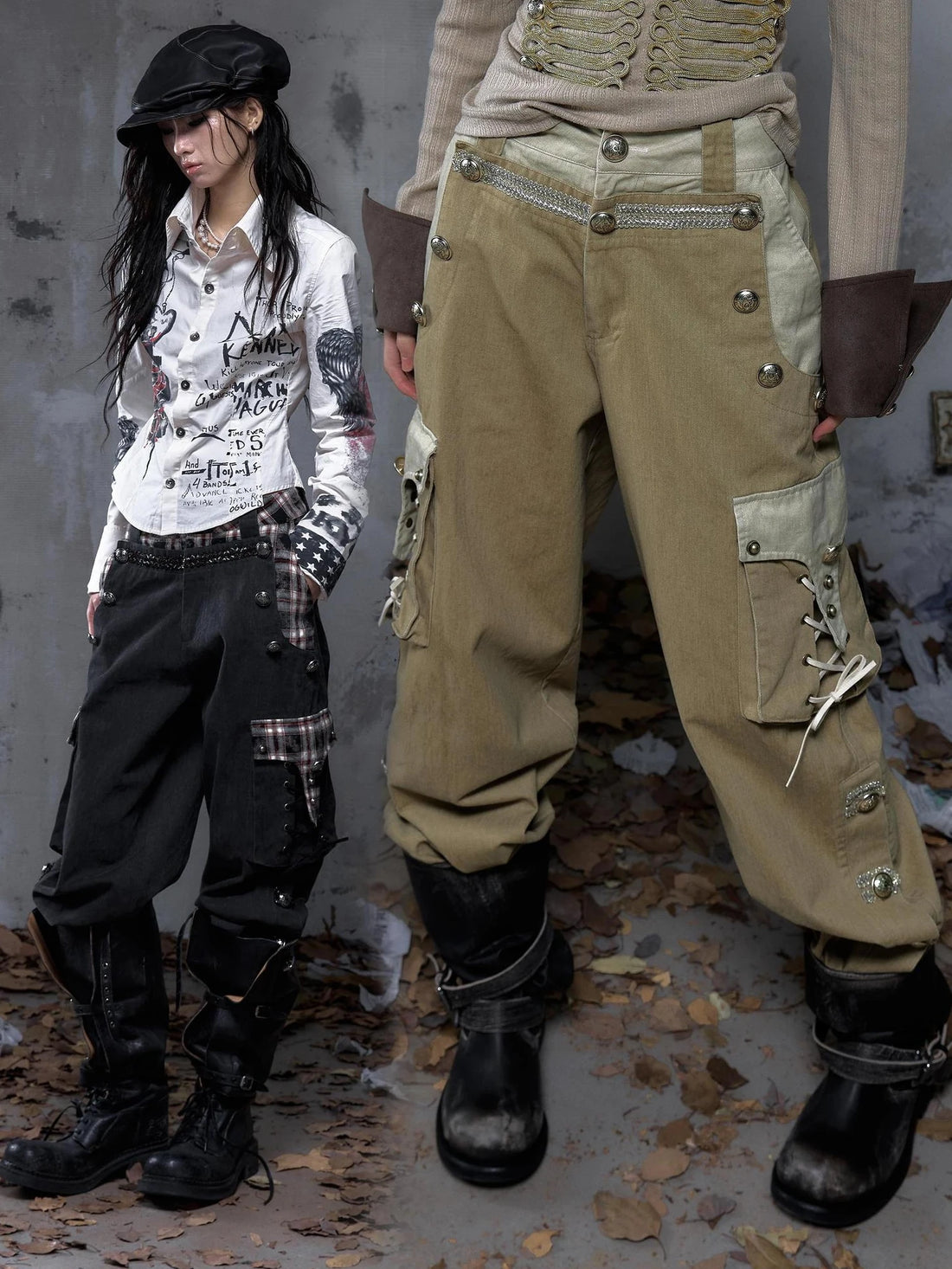 NO ROMANCE Patchwork 100 Percent Cotton Punk Style Baggy Mid Rise Women Streetwear Pants