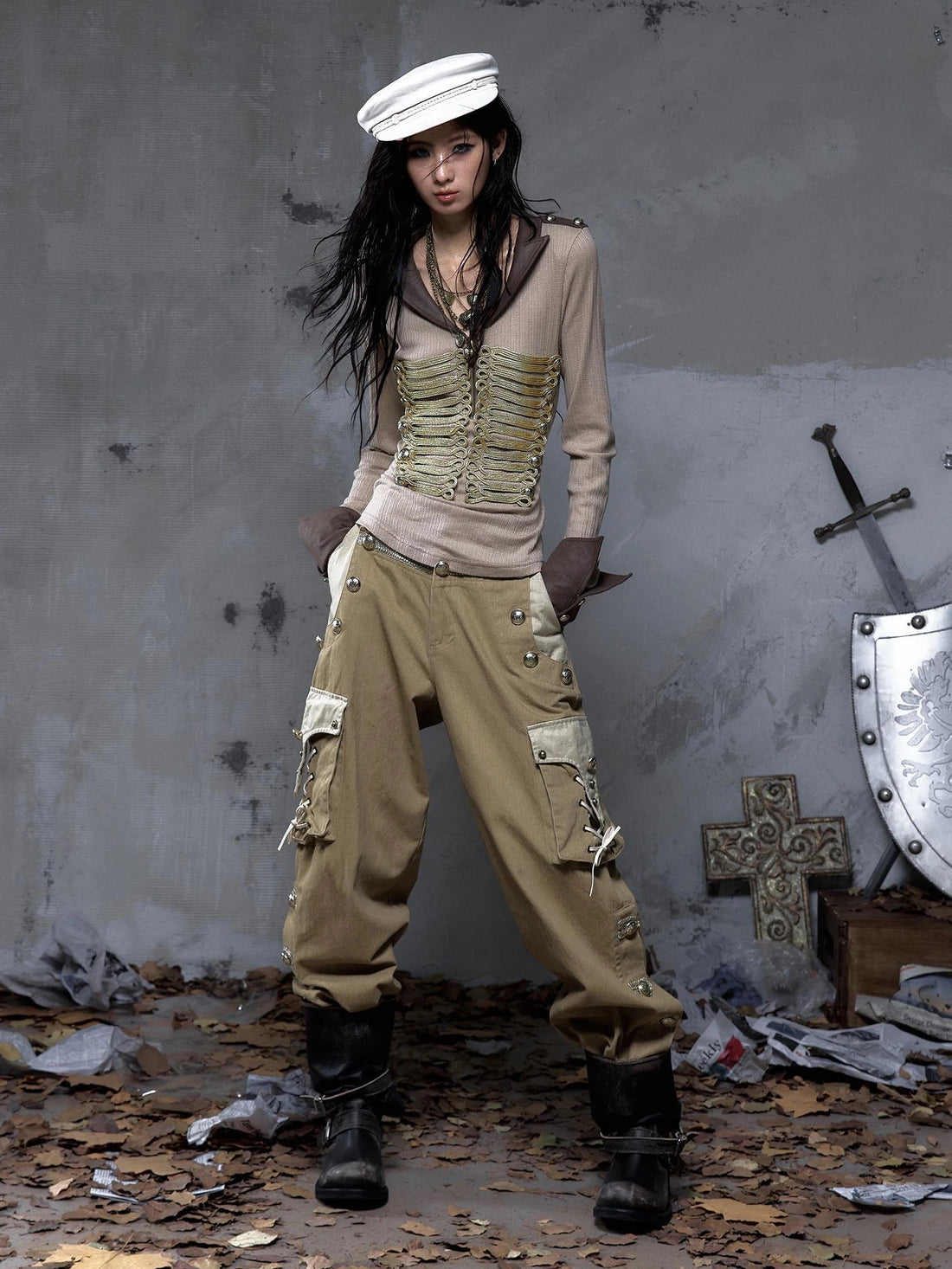 NO ROMANCE Patchwork 100 Percent Cotton Punk Style Baggy Mid Rise Women Streetwear Pants