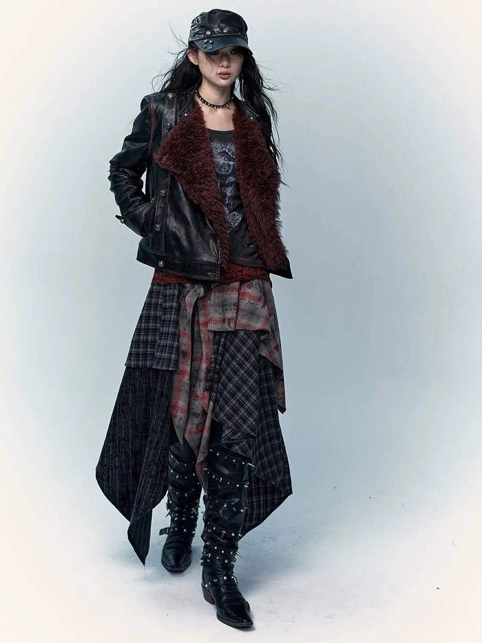 Patchwork Plaid Asymmetric Rock Style A Line Mid Rise Women Travel Skirt