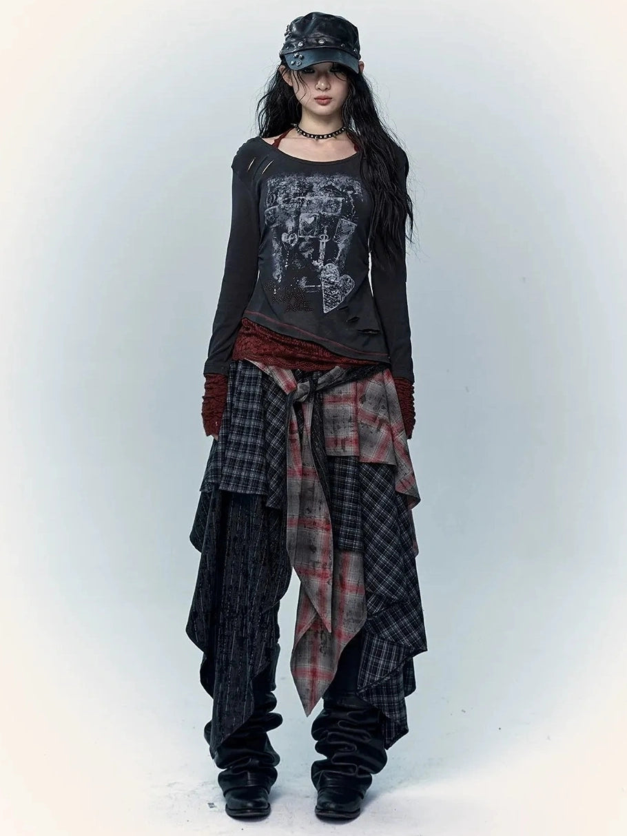 Patchwork Plaid Asymmetric Rock Style A Line Mid Rise Women Travel Skirt