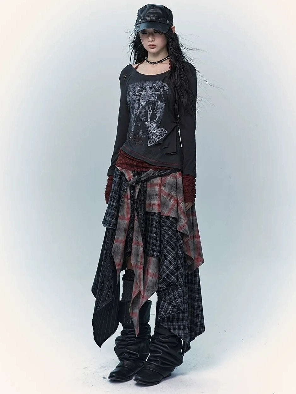 Patchwork Plaid Asymmetric Rock Style A Line Mid Rise Women Travel Skirt