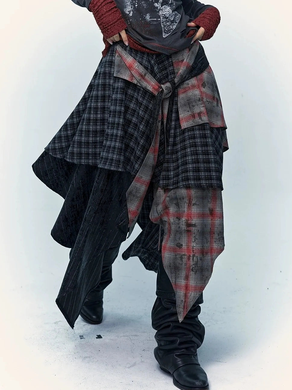 Patchwork Plaid Asymmetric Rock Style A Line Mid Rise Women Travel Skirt