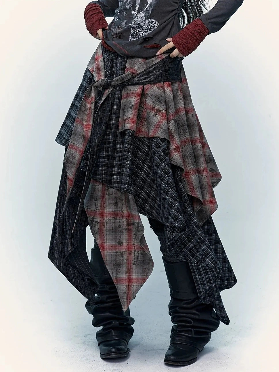Patchwork Plaid Asymmetric Rock Style A Line Mid Rise Women Travel Skirt