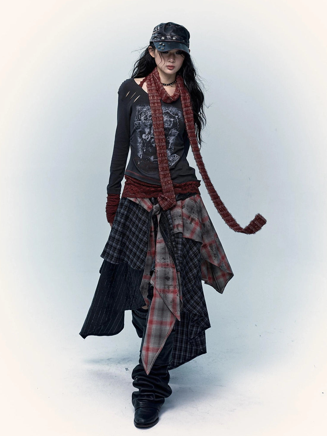 Patchwork Plaid Asymmetric Rock Style A Line Mid Rise Women Travel Skirt