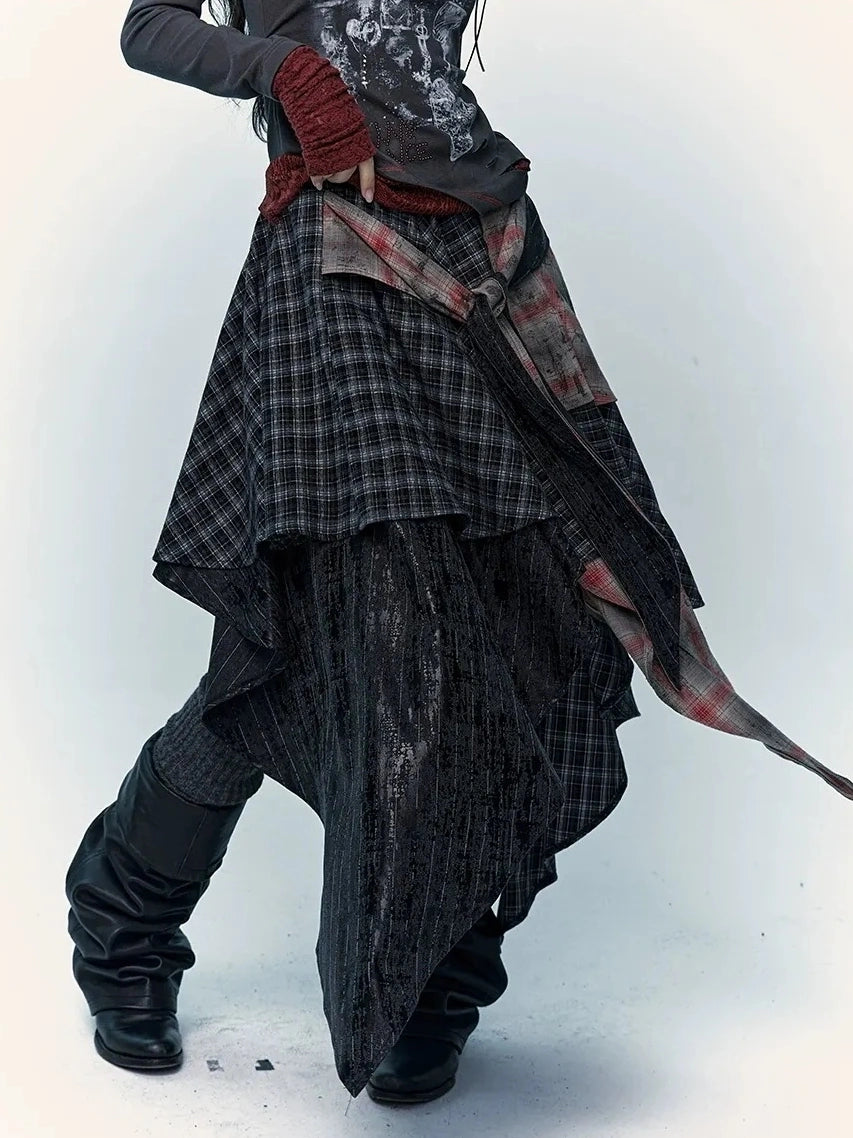 Patchwork Plaid Asymmetric Rock Style A Line Mid Rise Women Travel Skirt