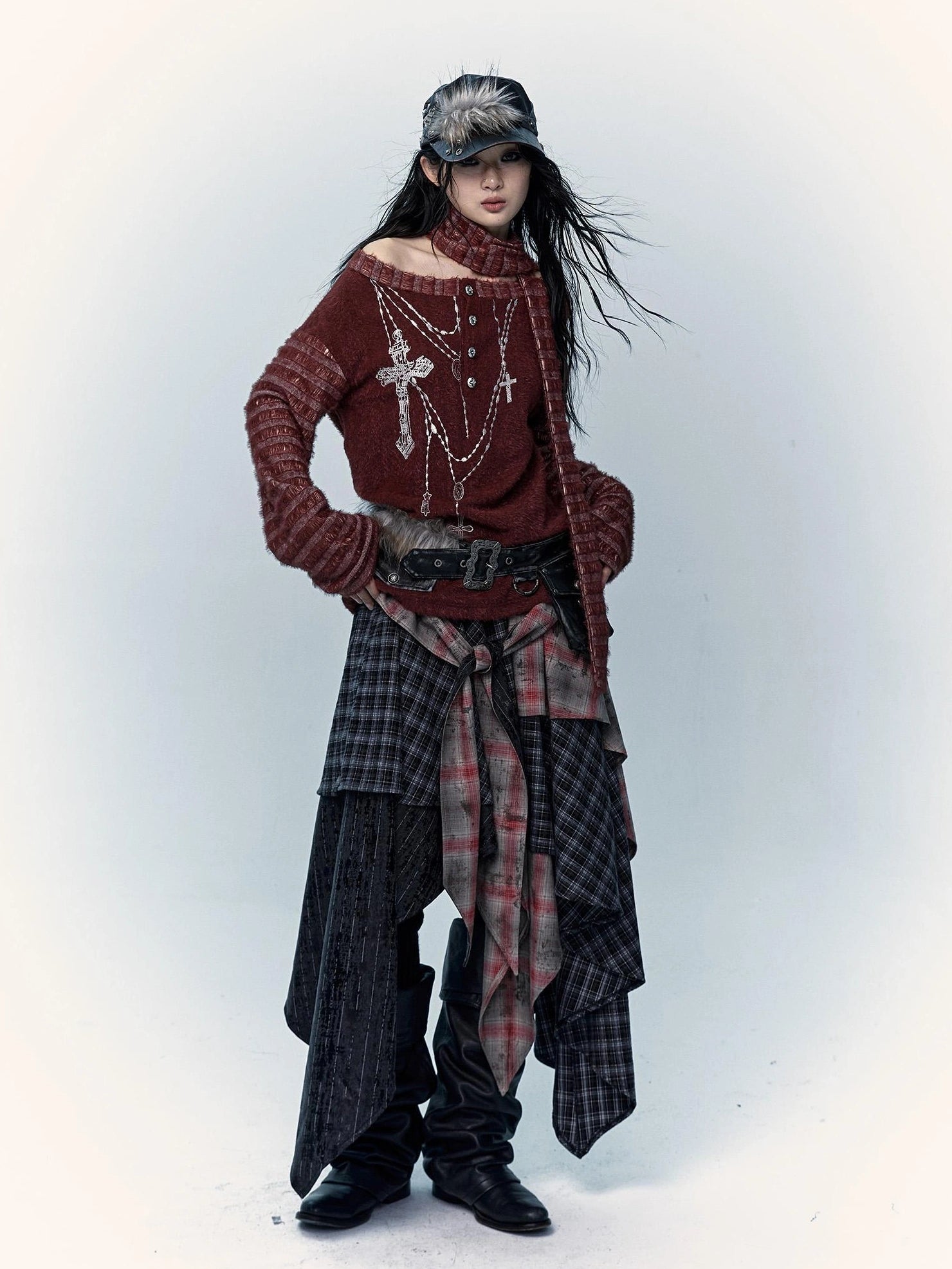 Patchwork Plaid Asymmetric Rock Style A Line Mid Rise Women Travel Skirt