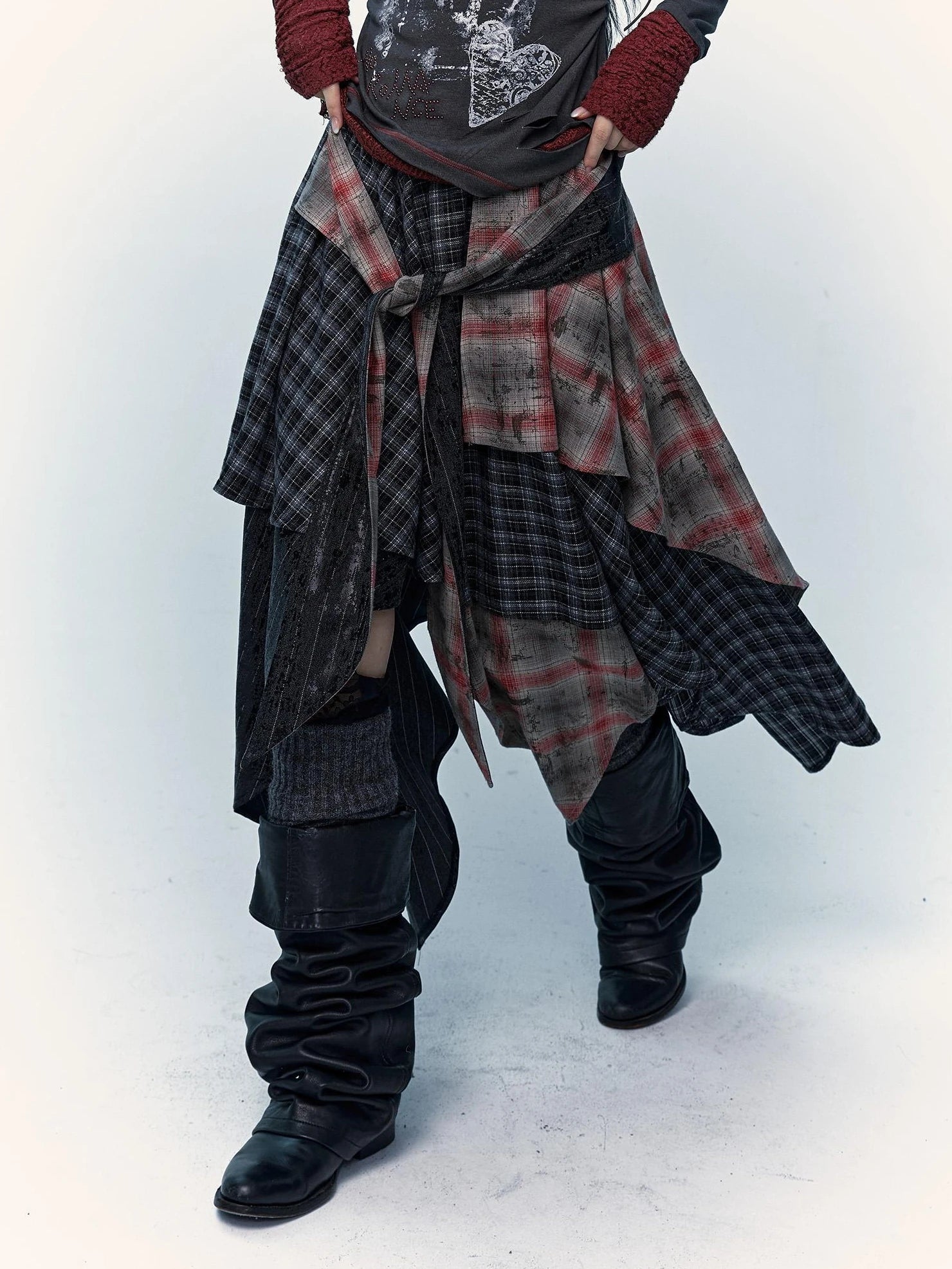 Patchwork Plaid Asymmetric Rock Style A Line Mid Rise Women Travel Skirt