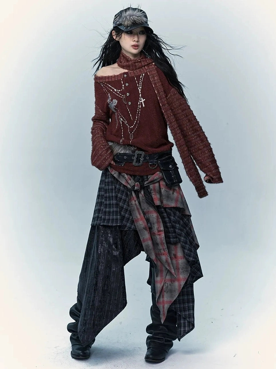 Patchwork Plaid Asymmetric Rock Style A Line Mid Rise Women Travel Skirt