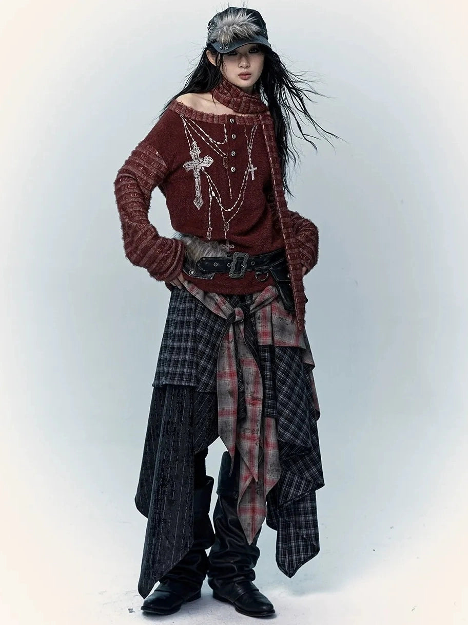 Patchwork Plaid Asymmetric Rock Style A Line Mid Rise Women Travel Skirt