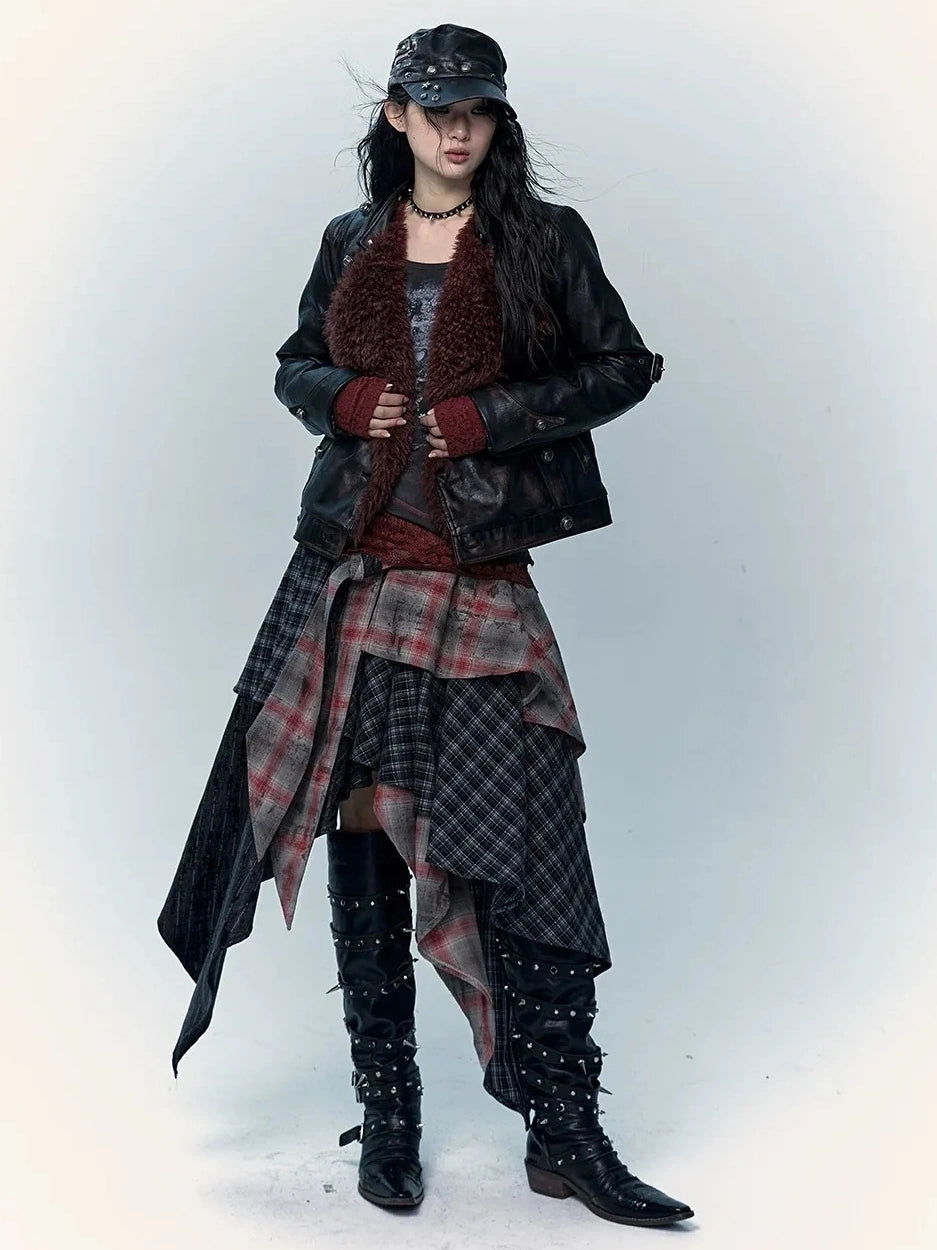 Patchwork Plaid Asymmetric Rock Style A Line Mid Rise Women Travel Skirt