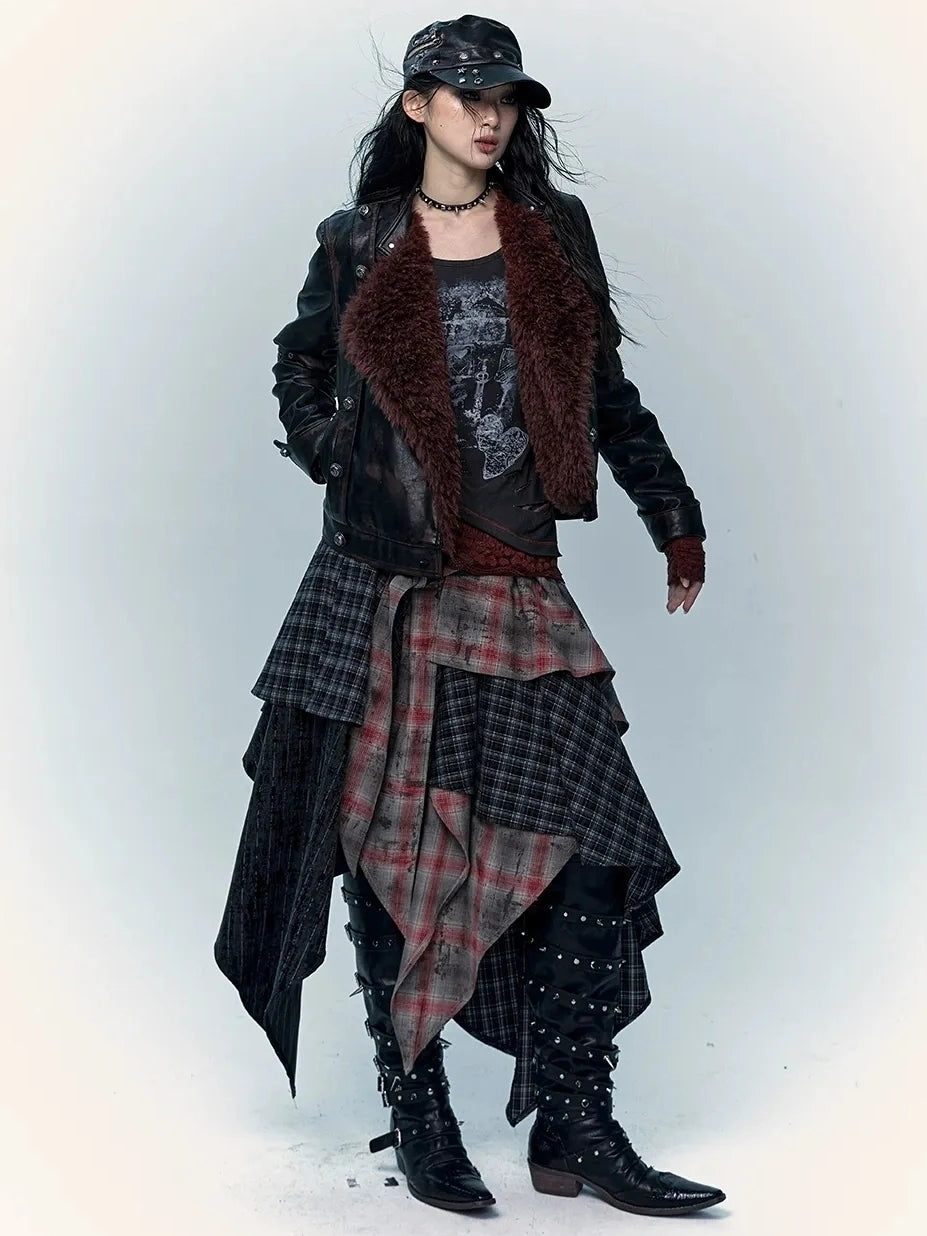 Patchwork Plaid Asymmetric Rock Style A Line Mid Rise Women Travel Skirt