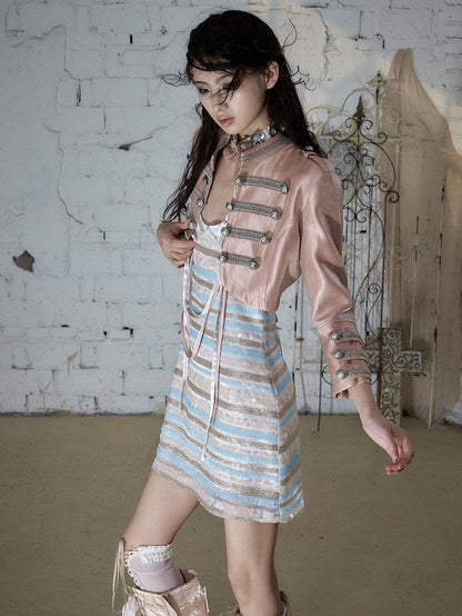 NO ROMANCE Pink Napoleonic Double Breasted Stand Collar Women&