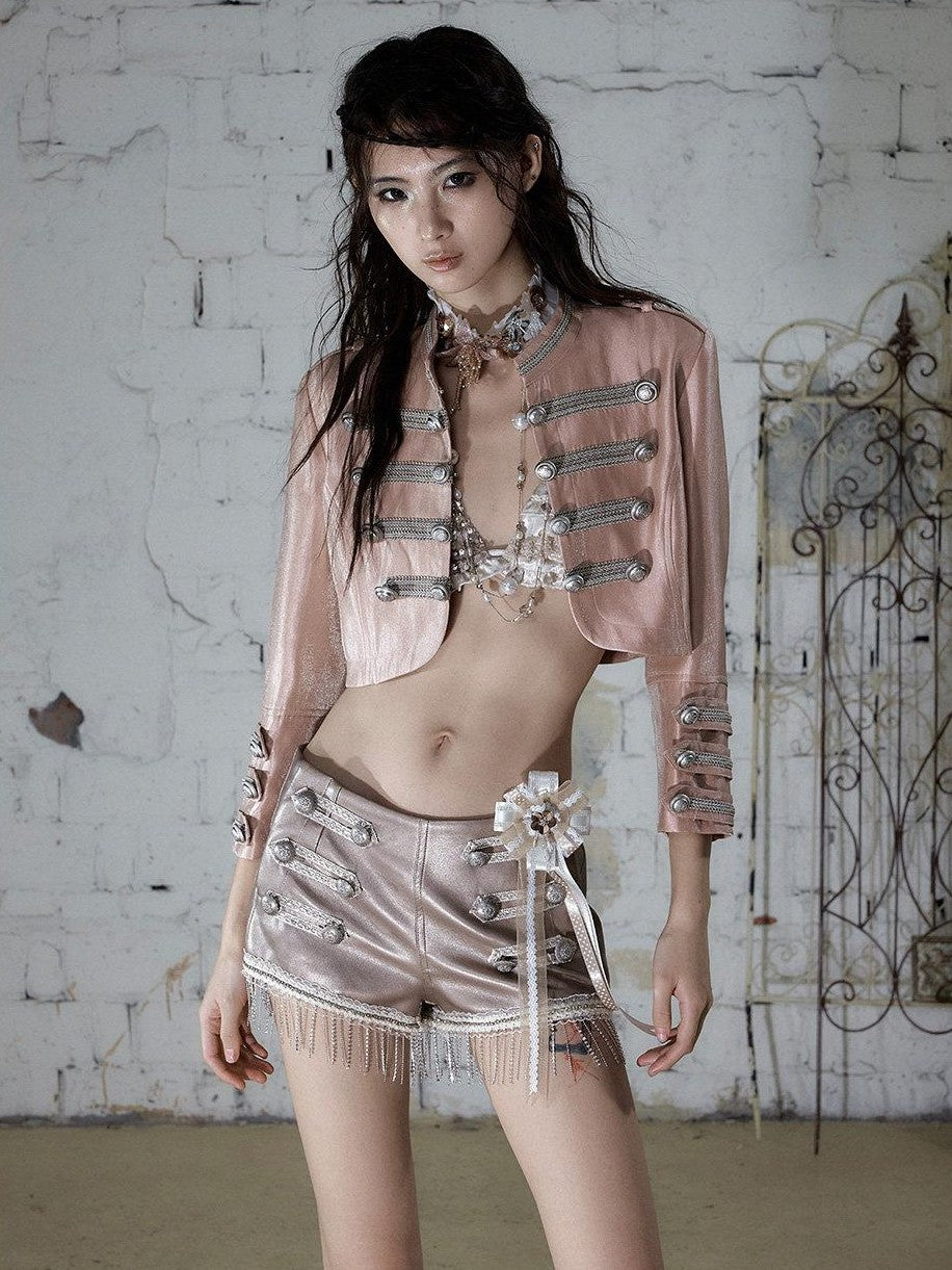 NO ROMANCE Pink Napoleonic Double Breasted Stand Collar Women&
