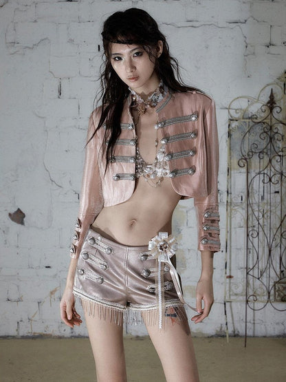 NO ROMANCE Pink Napoleonic Double Breasted Stand Collar Women&