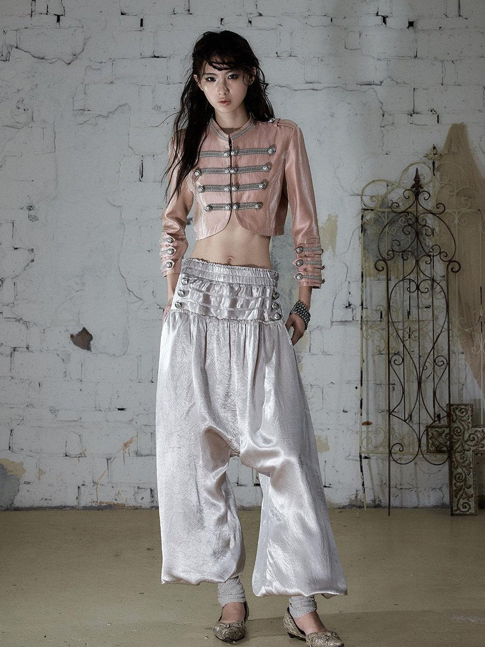 NO ROMANCE Pink Napoleonic Double Breasted Stand Collar Women&