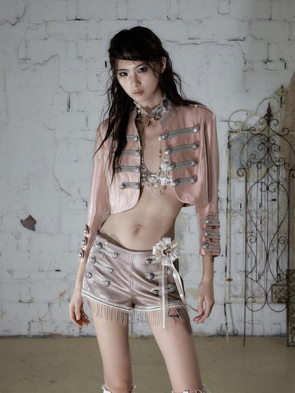 NO ROMANCE Pink Napoleonic Double Breasted Stand Collar Women&