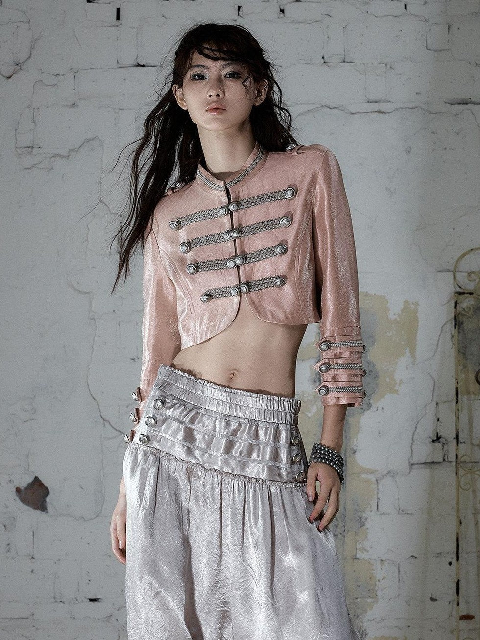 NO ROMANCE Pink Napoleonic Double Breasted Stand Collar Women&