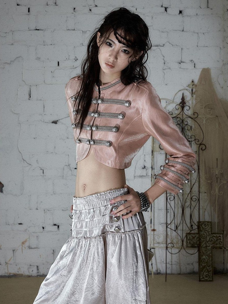 NO ROMANCE Pink Napoleonic Double Breasted Stand Collar Women&