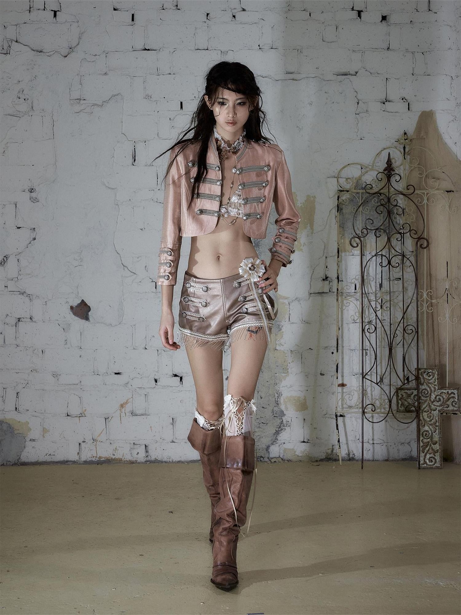 NO ROMANCE Pink Napoleonic Double Breasted Stand Collar Women&