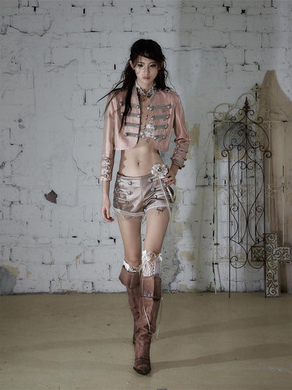 NO ROMANCE Pink Napoleonic Double Breasted Stand Collar Women&