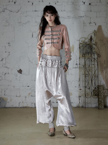 NO ROMANCE Pink Napoleonic Double Breasted Stand Collar Women&