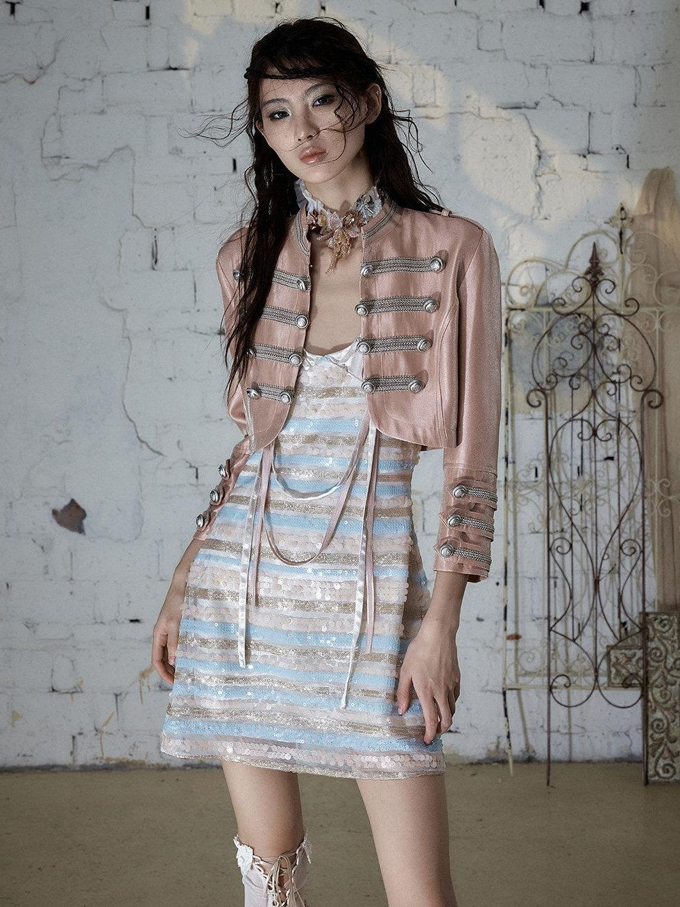 NO ROMANCE Pink Napoleonic Double Breasted Stand Collar Women&