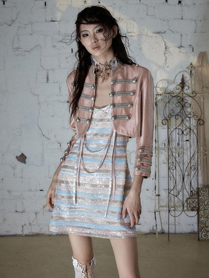 NO ROMANCE Pink Napoleonic Double Breasted Stand Collar Women&