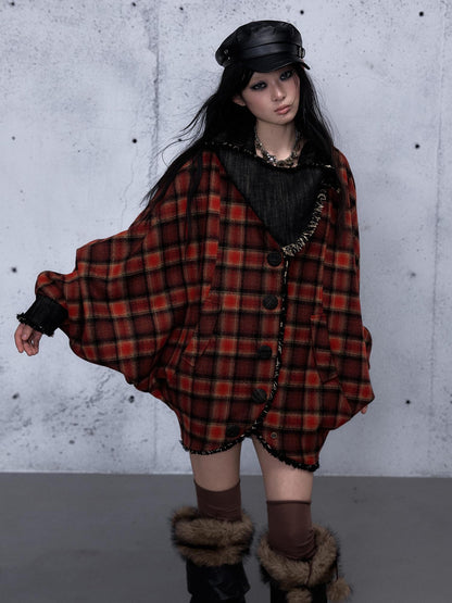 NO ROMANCE Plaid Reversible Batwing Sleeve Loose Women&