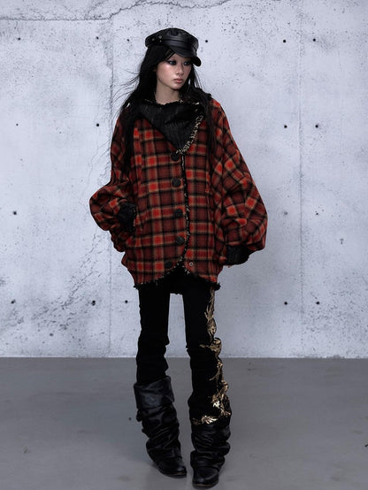 NO ROMANCE Plaid Reversible Batwing Sleeve Loose Women&