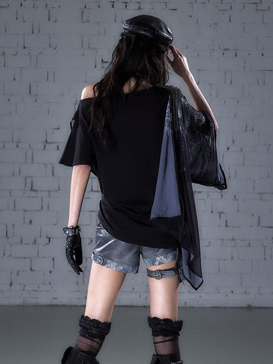 NO ROMANCE Print Drape One Shoulder Faux Layered Women&