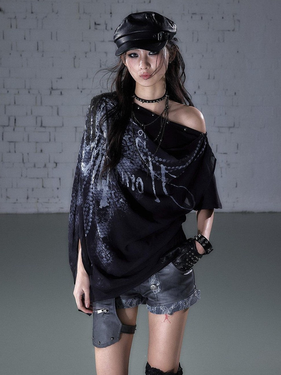 NO ROMANCE Print Drape One Shoulder Faux Layered Women&