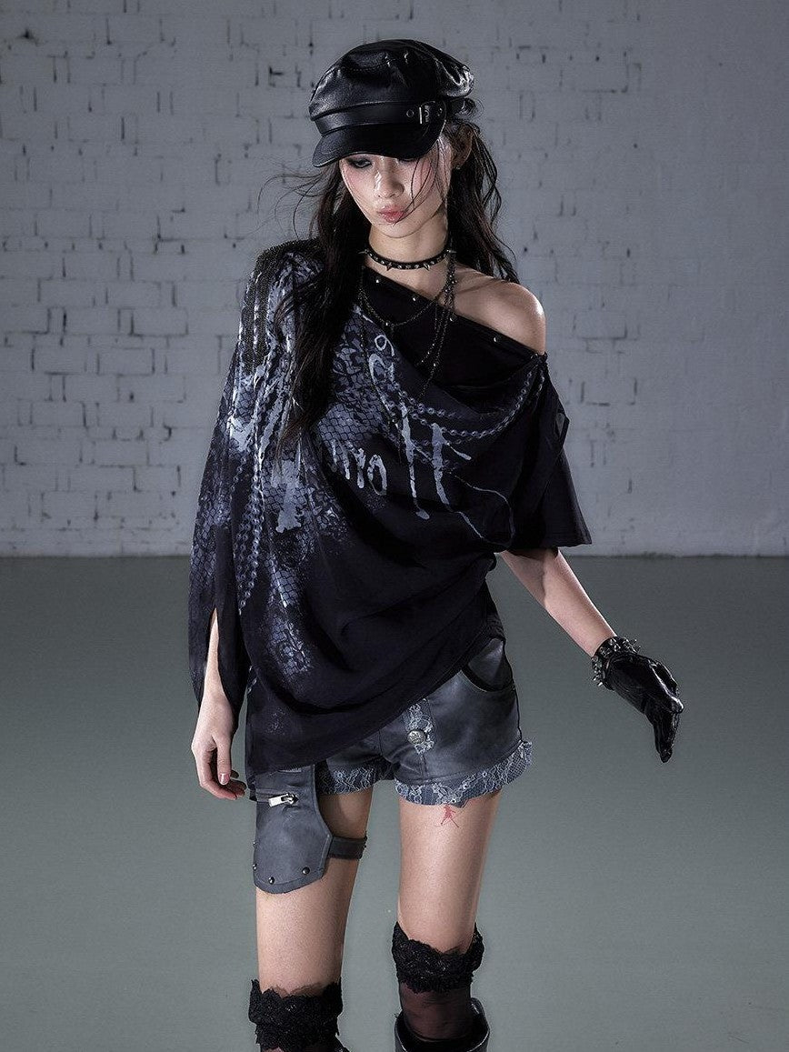 NO ROMANCE Print Drape One Shoulder Faux Layered Women&