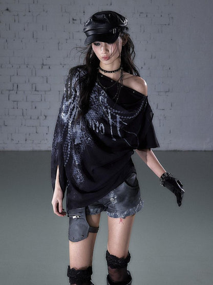 NO ROMANCE Print Drape One Shoulder Faux Layered Women&
