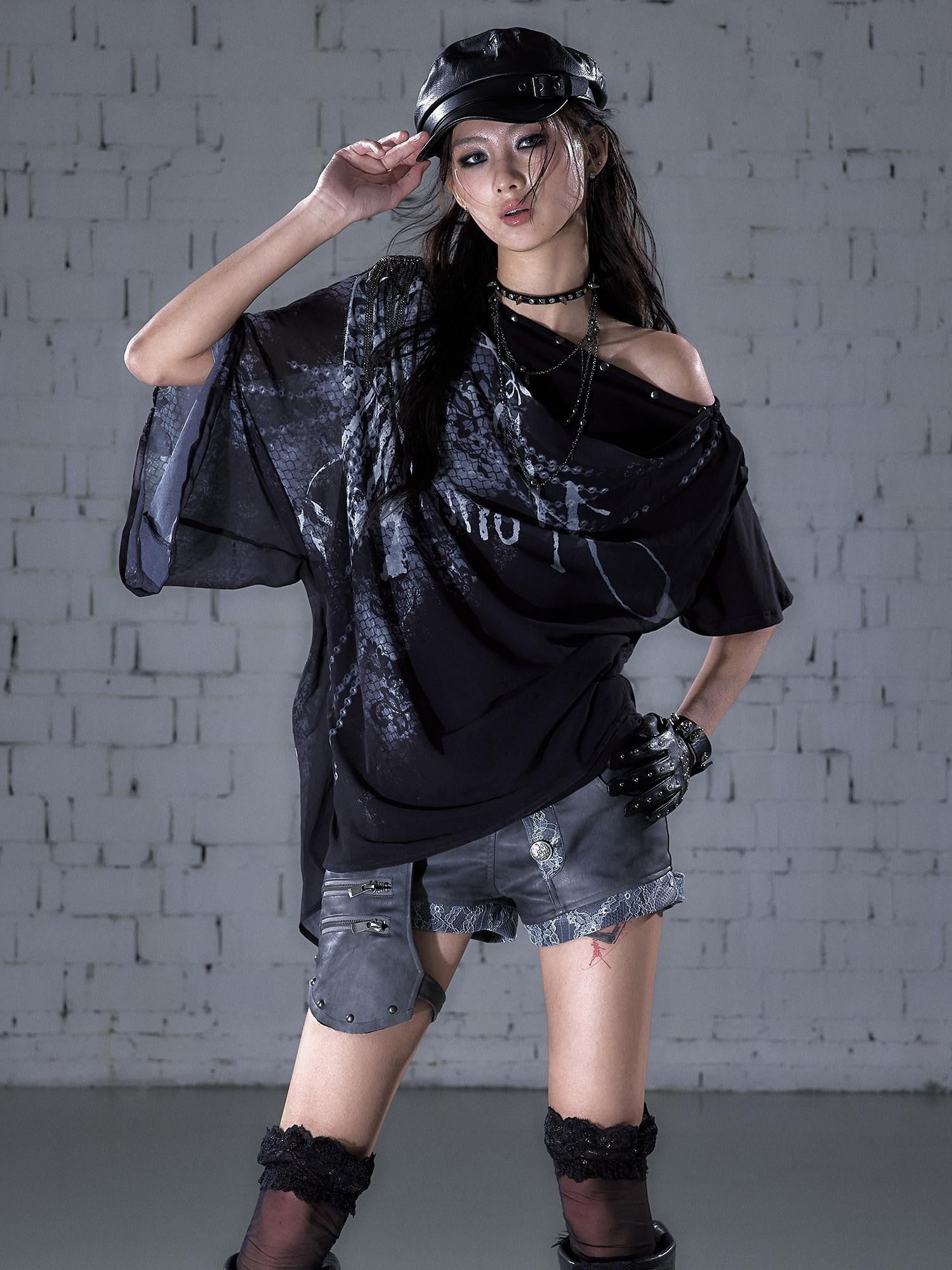 NO ROMANCE Print Drape One Shoulder Faux Layered Women&