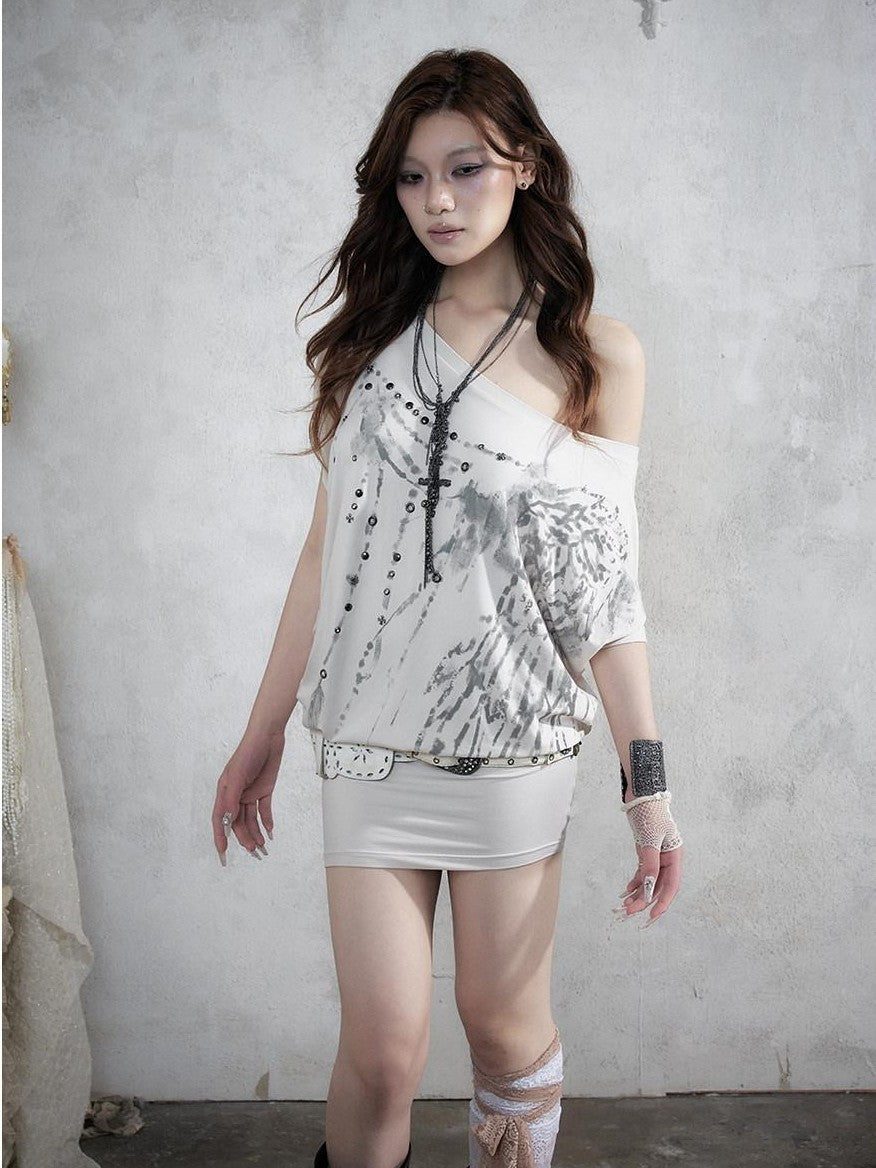 NO ROMANCE Printed Asymmetrical Batwing Bodycon Women&