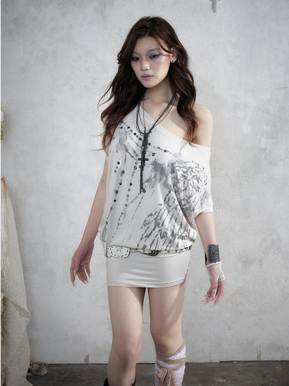 NO ROMANCE Printed Asymmetrical Batwing Bodycon Women&