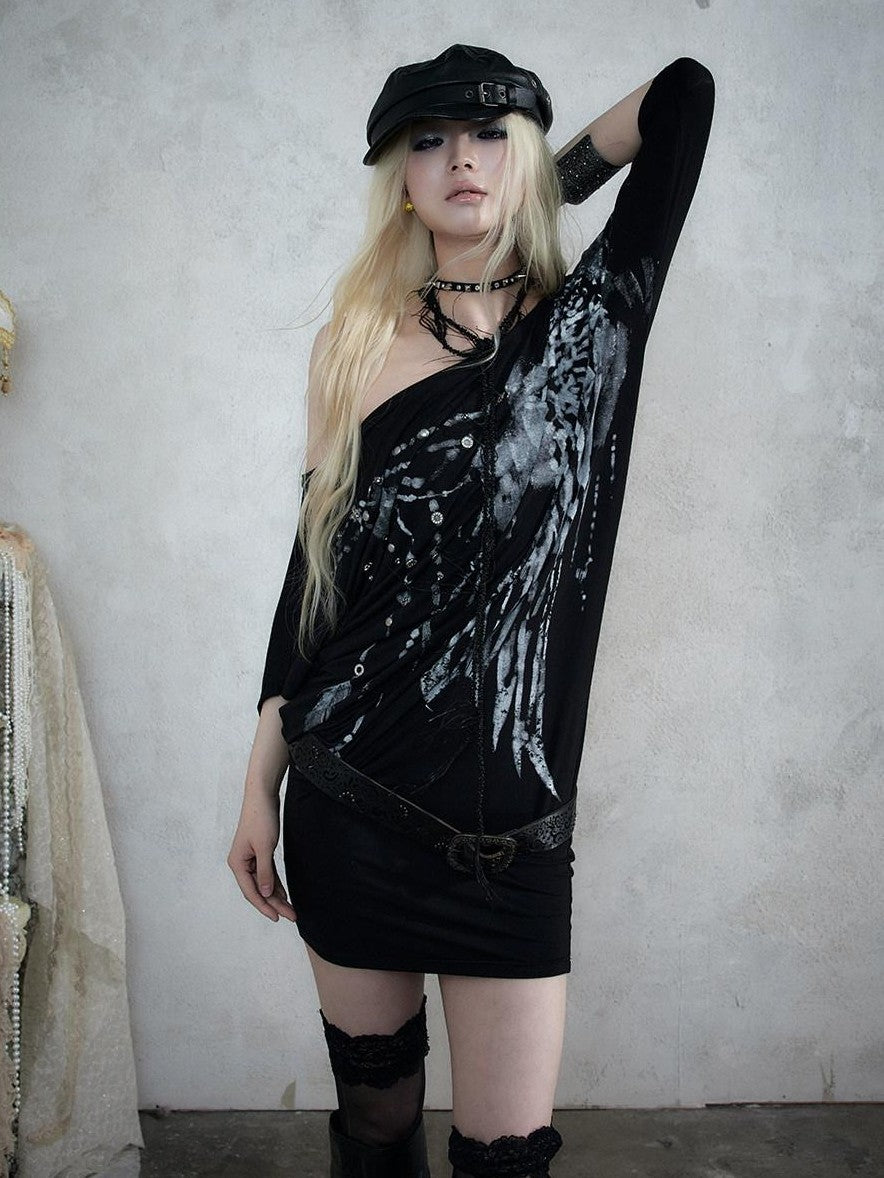 NO ROMANCE Printed Asymmetrical Batwing Bodycon Women&