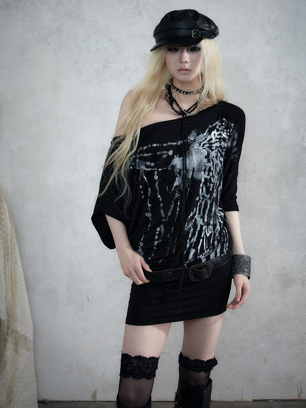 NO ROMANCE Printed Asymmetrical Batwing Bodycon Women&