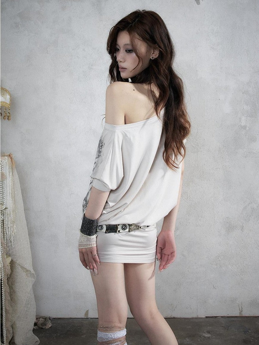 NO ROMANCE Printed Asymmetrical Batwing Bodycon Women&
